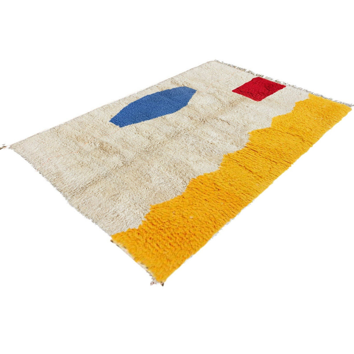 Side view of a multicolor abstract Moroccan rug highlighting its geometric patterns in beige, red, blue, and yellow.