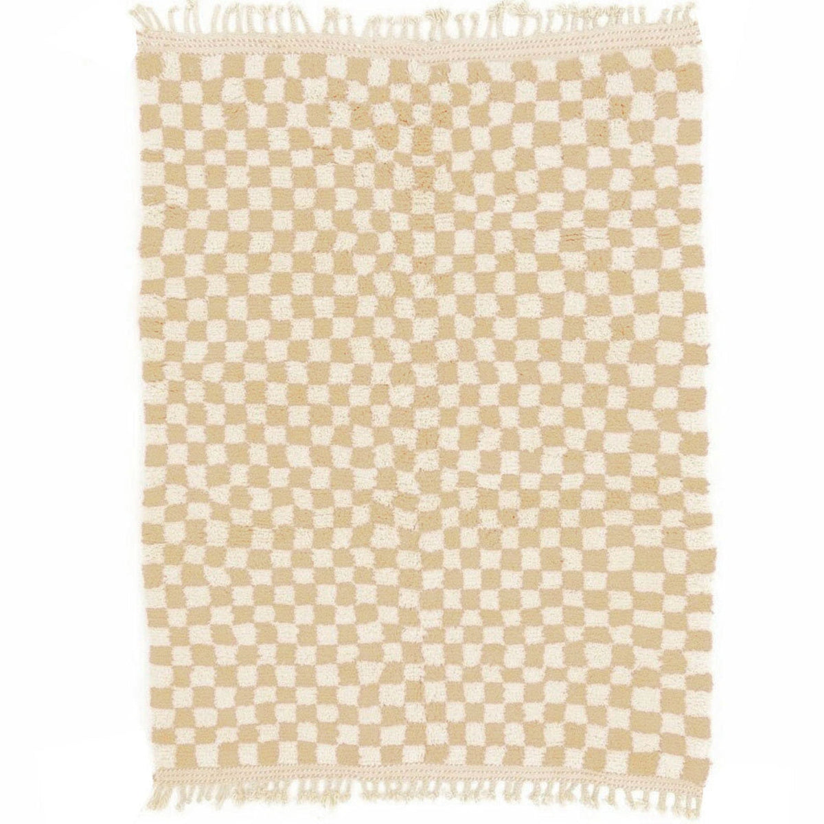 Detail close-up of the beige checkered pattern on a Moroccan rug against a white background.