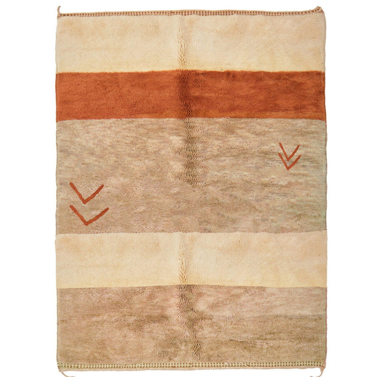 Front view of a cream and rust striped Moroccan rug showcasing geometric patterns.
