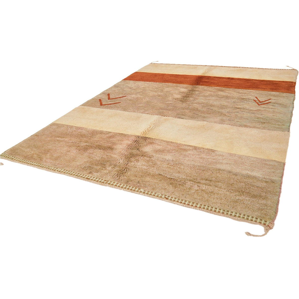 Front view of a cream and rust striped Moroccan rug highlighting its striped design and colors.