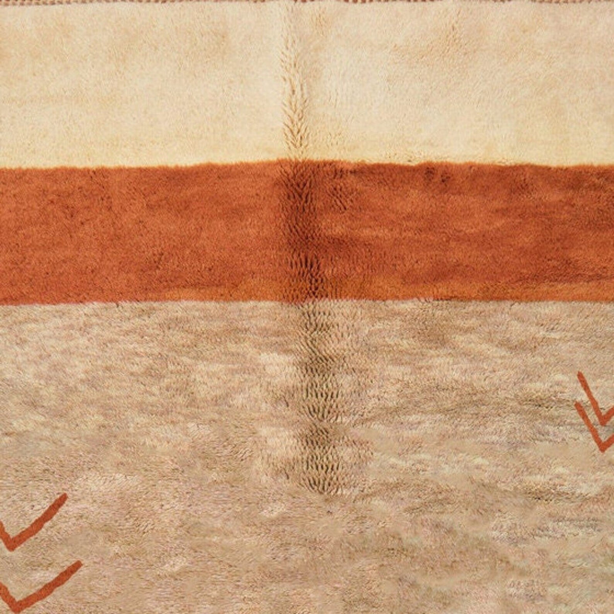 Front view of a cream and rust striped Moroccan rug featuring a neutral color design.