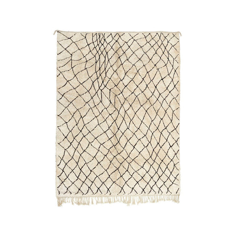 Front view of the beige striped Beni Ourain Moroccan rug featuring an abstract pattern.