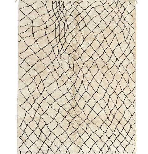 Front view of the beige striped Beni Ourain Moroccan rug showcasing its abstract design.