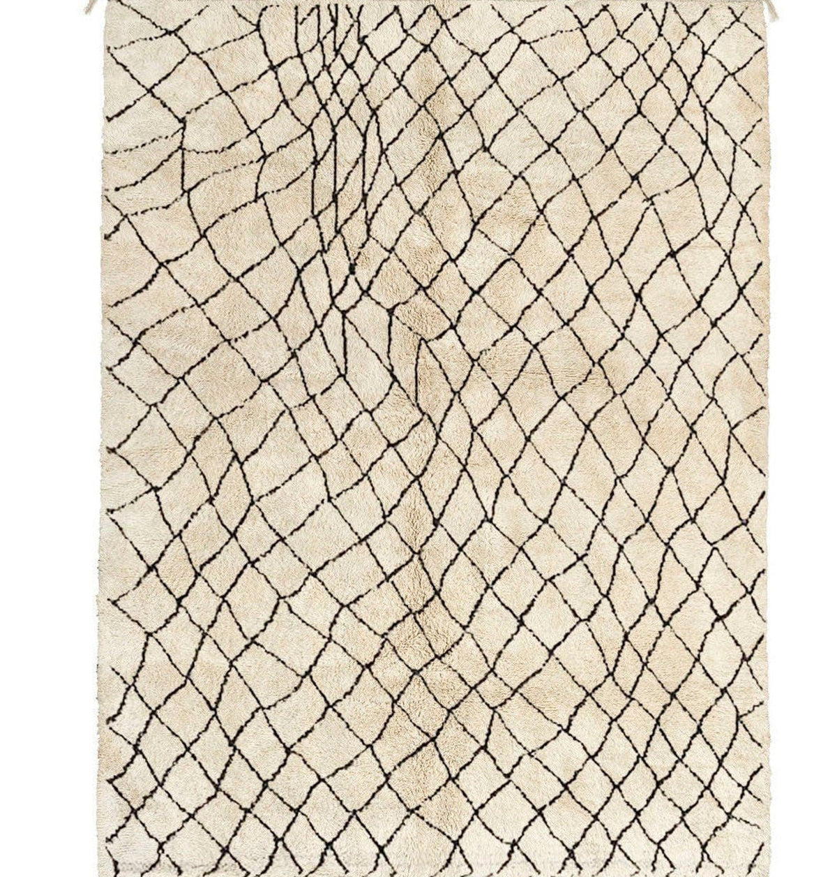 Front view of the beige striped Beni Ourain Moroccan rug highlighting its unique abstract pattern.