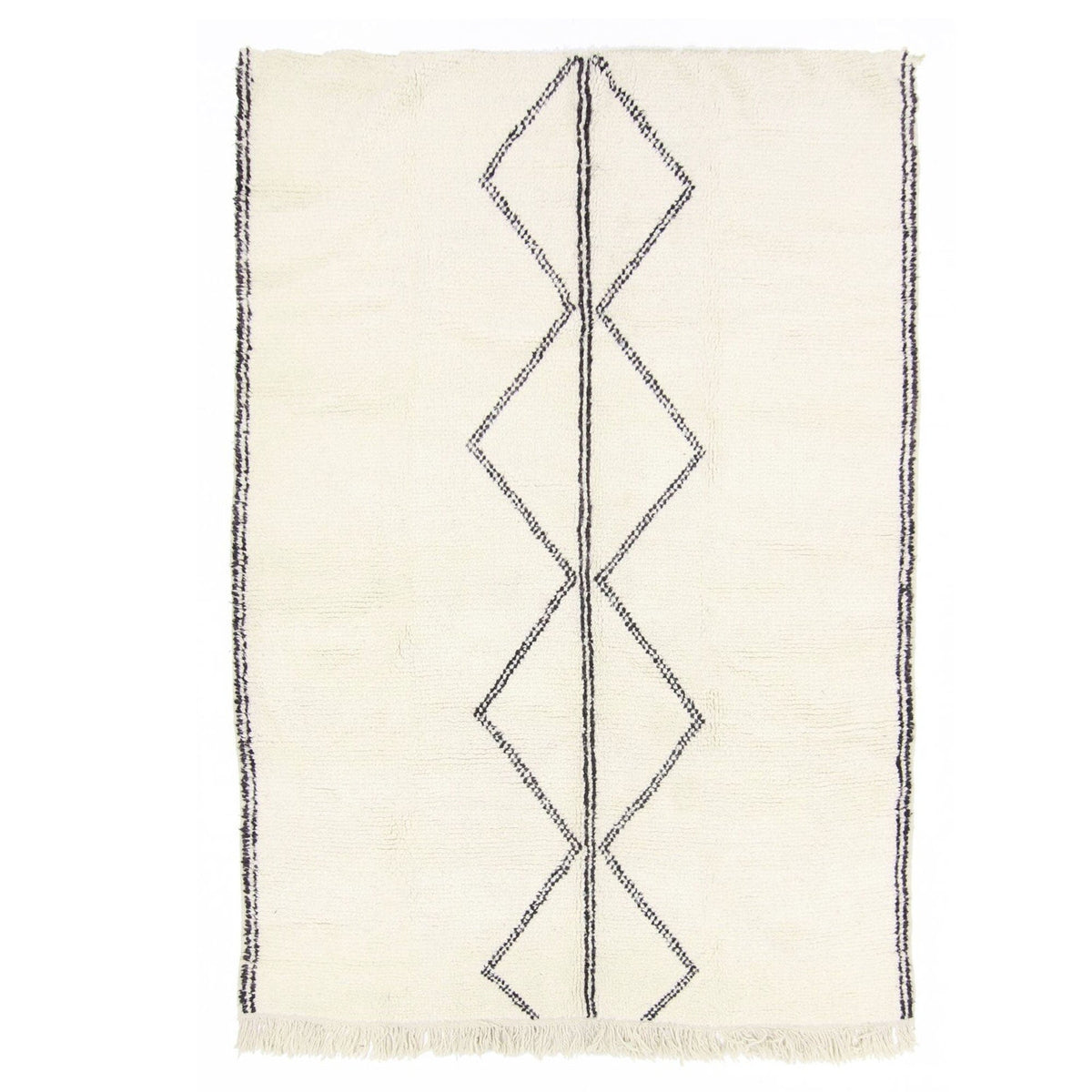 Front view of the black and white Moroccan rug featuring a geometric pattern.