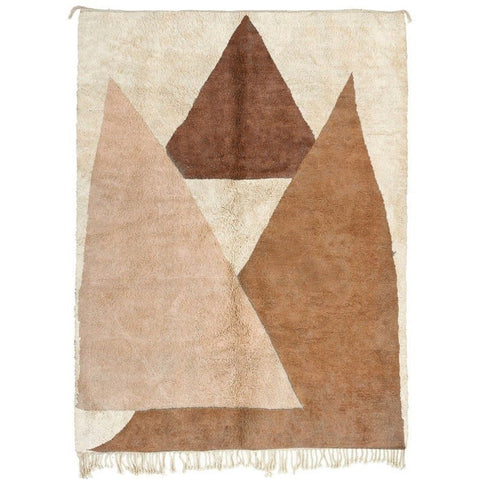 Front view of the abstract Moroccan rug displaying caramel, cream, and light brown geometric patterns.