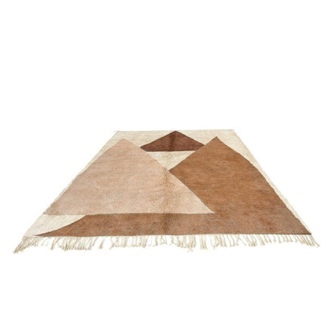 Front view of the abstract Moroccan rug with a caramel design and geometric features.