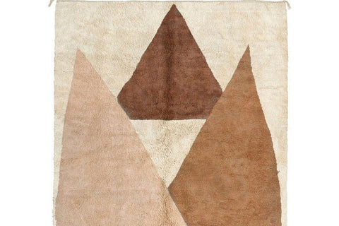 Front view of the abstract Moroccan rug showcasing beige and brown geometric designs.