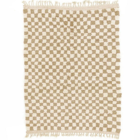 Front view of the beige and white checkered Beni Ourain Moroccan rug.
