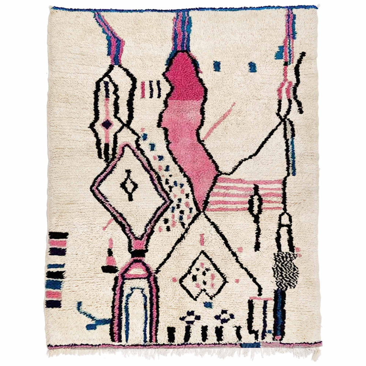 Front view of a multicolor tribal pattern Moroccan rug with geometric designs in cream, pink, and black.