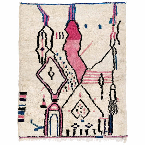 Front view of a multicolor tribal pattern Moroccan rug with geometric designs in cream, pink, and black.