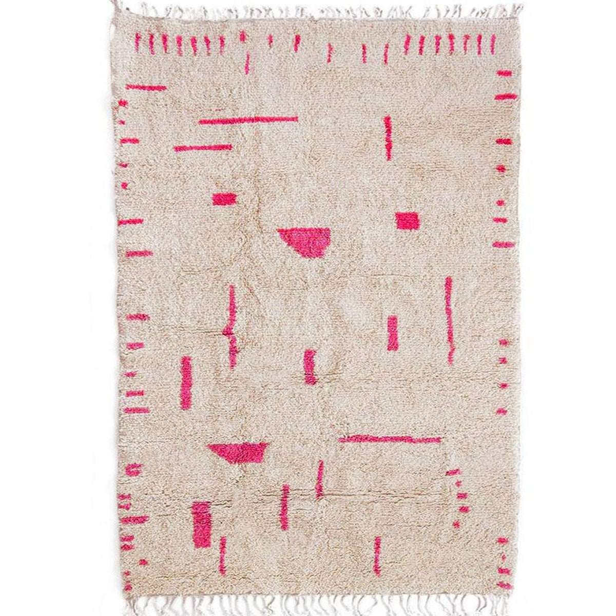 Front view of a pink abstract rug featuring fringed edges against a white background.