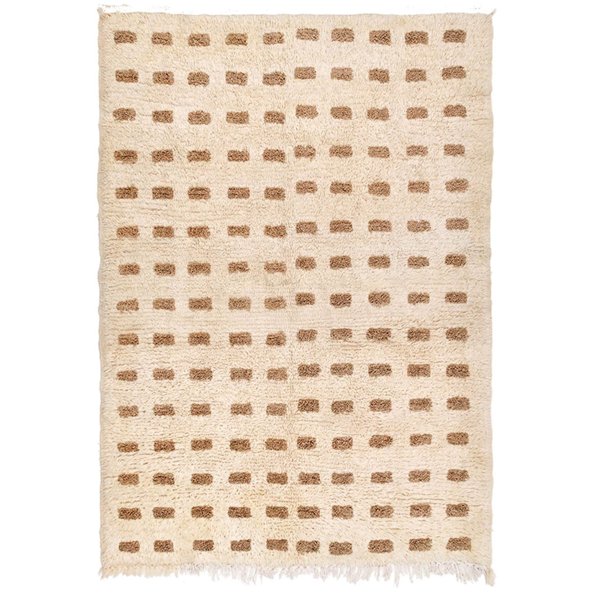 Front view of the warm beige Beni Ourain rug featuring a geometric pattern.