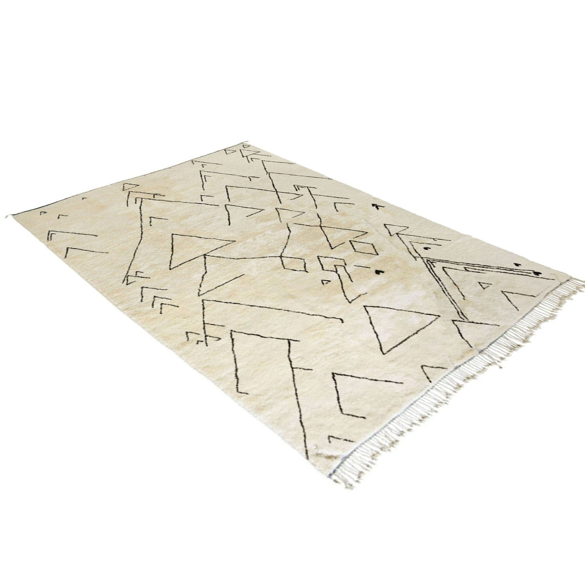 Other view of the off-white Moroccan rug with a geometric pattern against a white background.