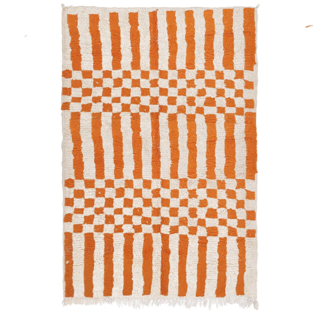 Front view of the orange Moroccan rug featuring a geometric pattern.