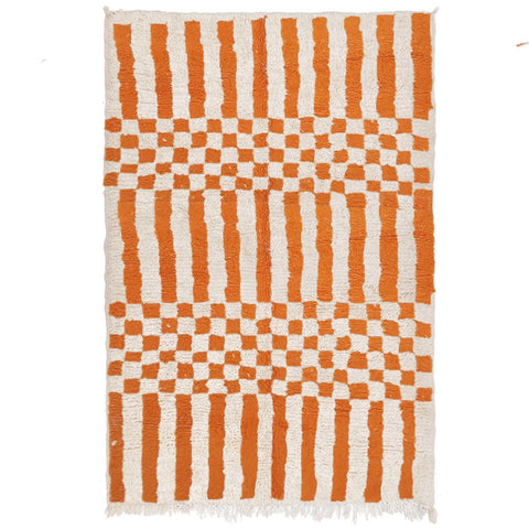 Front view of the orange Moroccan rug featuring a geometric pattern.