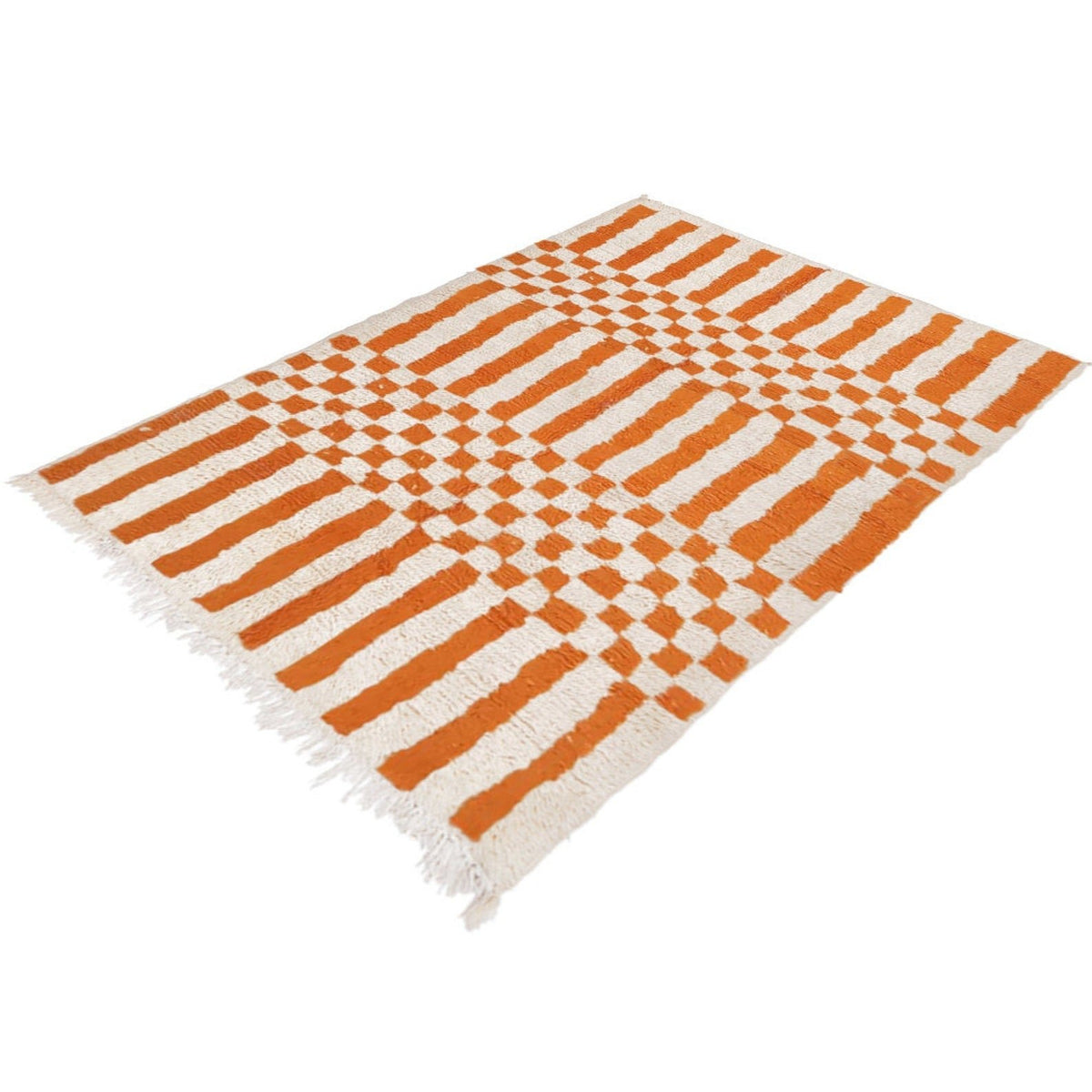Lifestyle shot of the orange Moroccan rug in a room setting with geometric patterns.