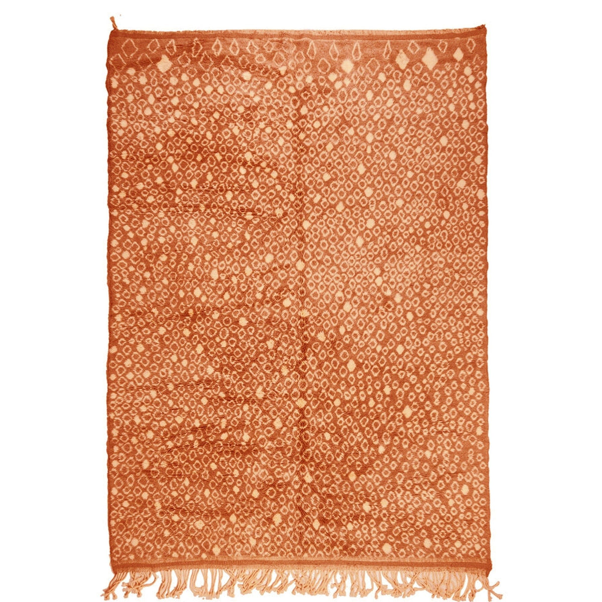 Front view of the orange Moroccan rug featuring an earthy design on a white background.
