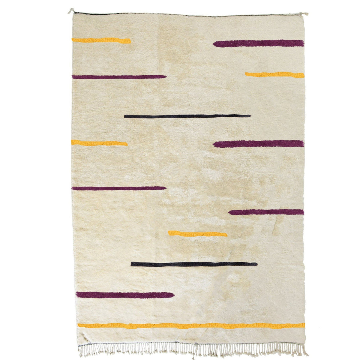 Front view of the cream multicolor striped Beni Ourain rug with fringe edges.