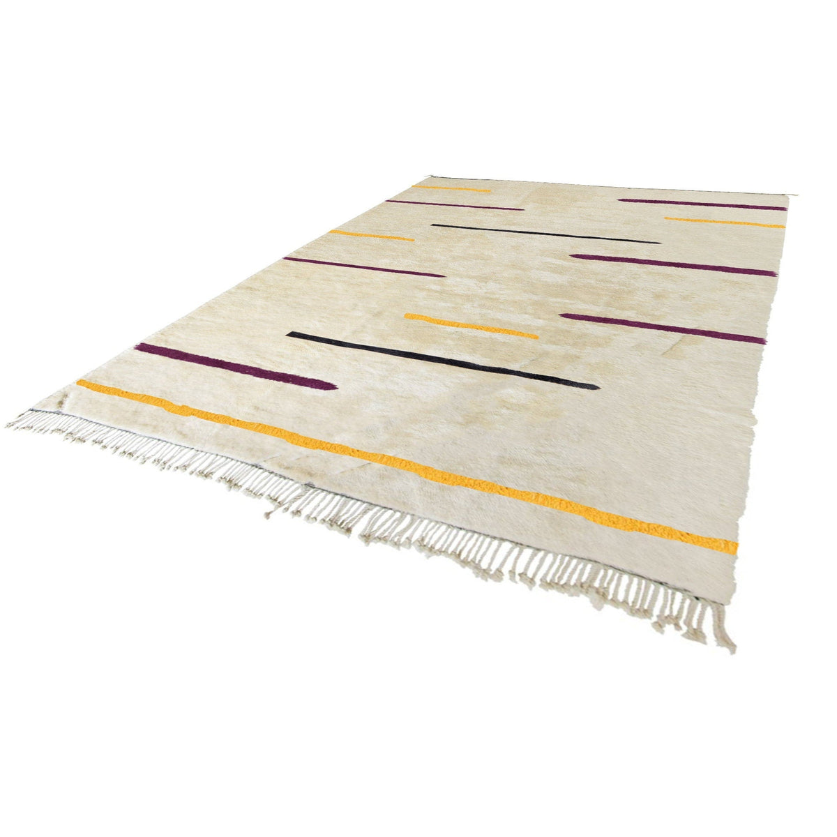 Side view of the cream multicolor striped Beni Ourain rug showcasing fringe edges.