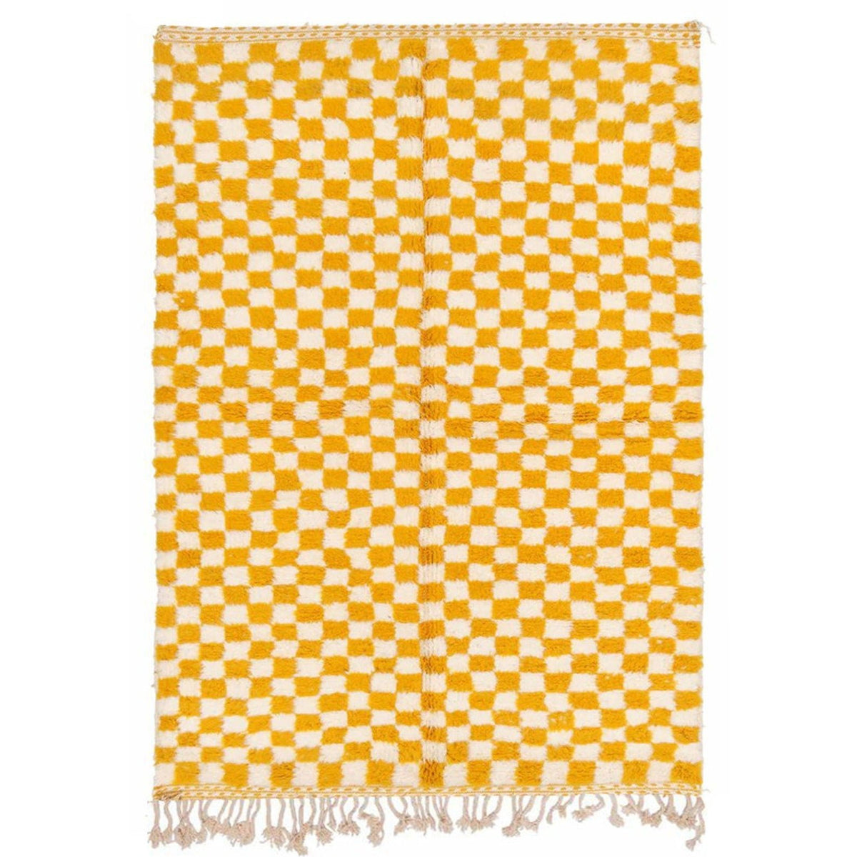 Front view of the yellow checkered Beni Ourain rug featuring fringe edges.