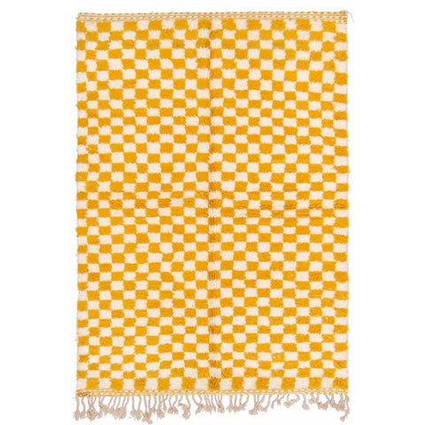 Front view of the yellow checkered Beni Ourain rug featuring fringe edges.
