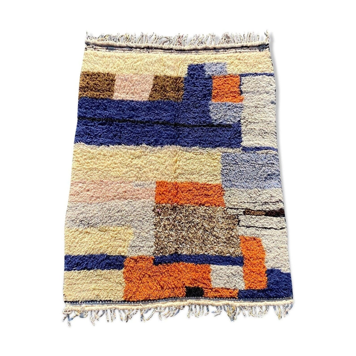 Front view of a multicolor geometric Boujaad Moroccan rug featuring blue, orange, cream, and brown patterns.