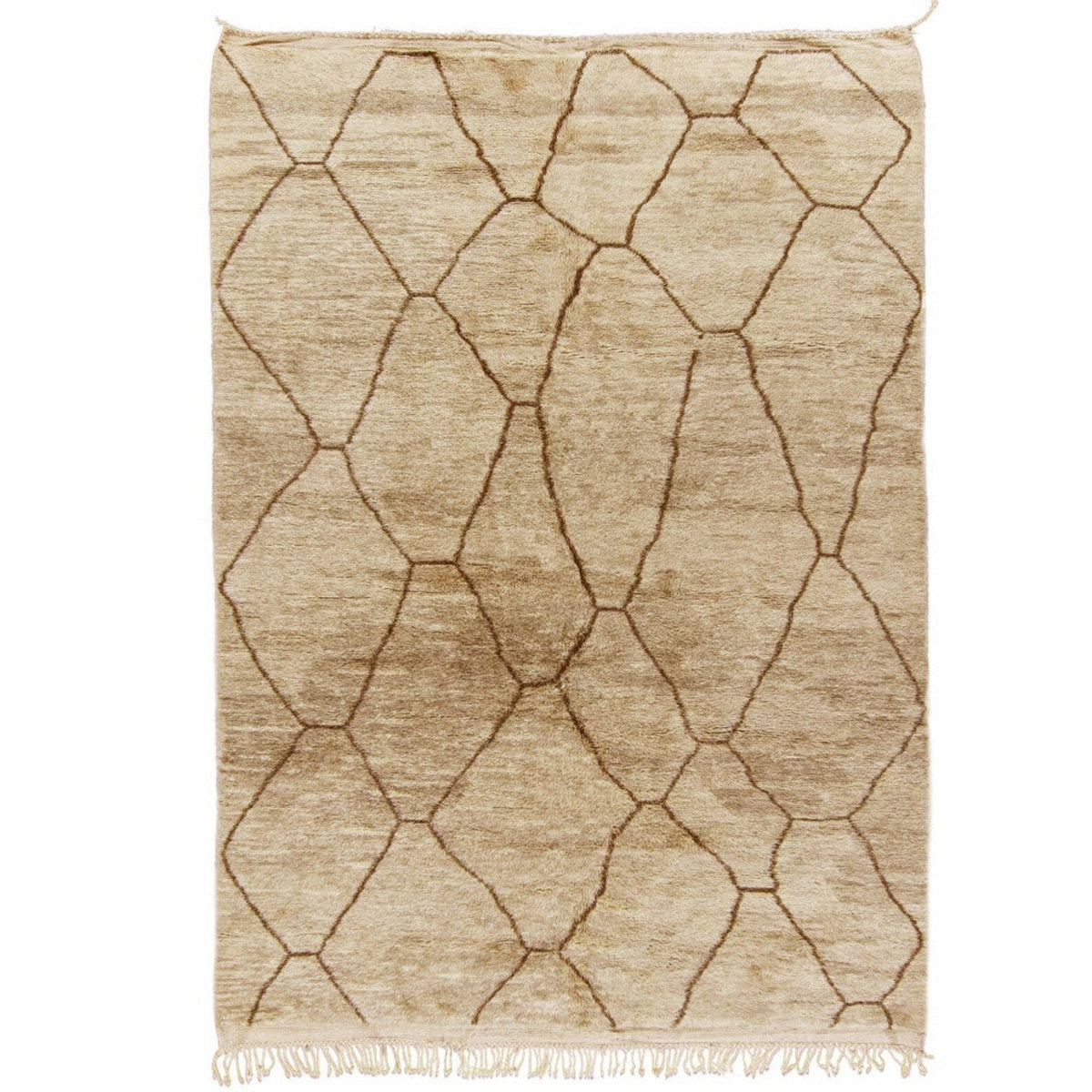 Front view of the pink abstract Moroccan Berber rug with beige and brown tones.