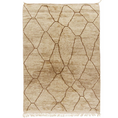 Front view of the pink abstract Moroccan Berber rug with beige and brown tones.