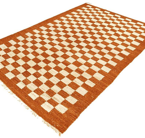 Orange Beni Ourain Moroccan rug checkered design , custom made for living room , handmade with natural wool - Africancreates