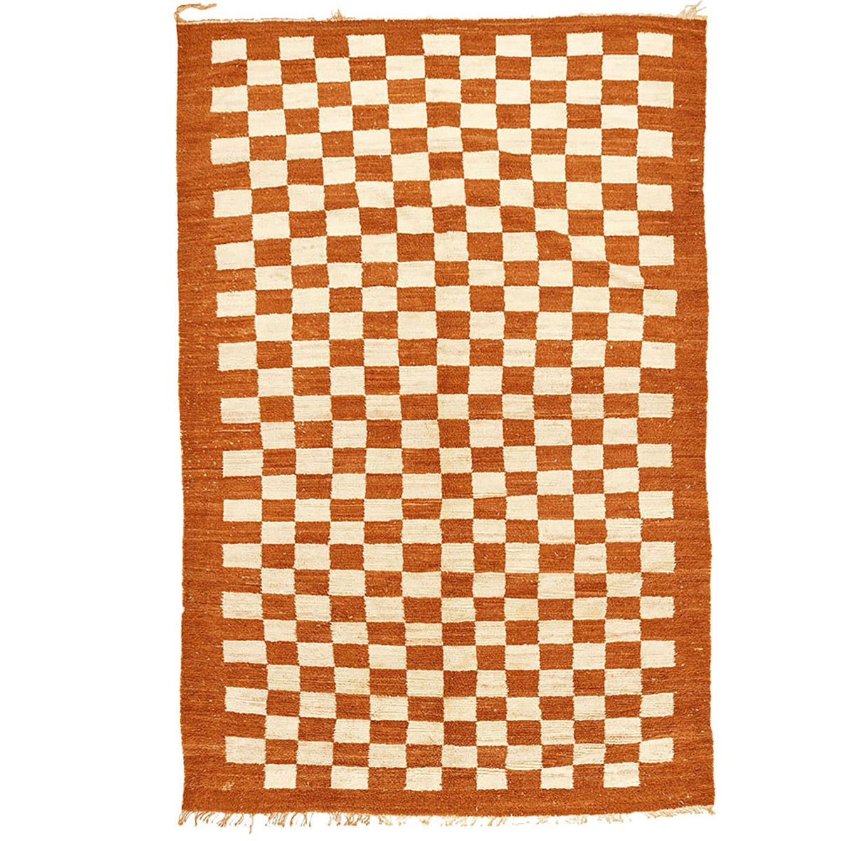 Front view of the orange checkered rug with a white background.
