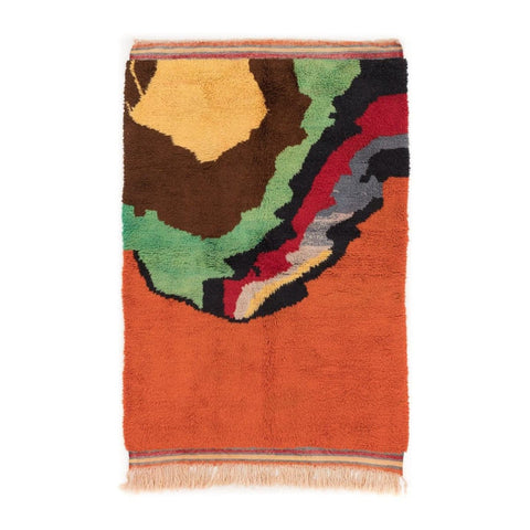Front view of the orange abstract rug featuring vibrant colors on a white background.