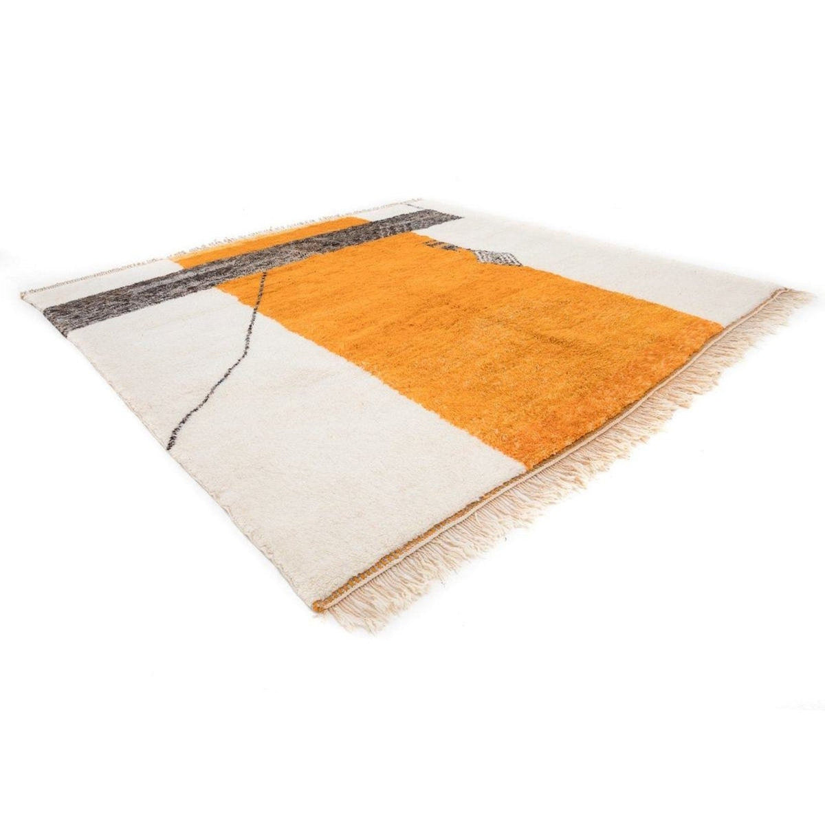 Side view of the orange tribal rug displaying its tribal pattern and colors.