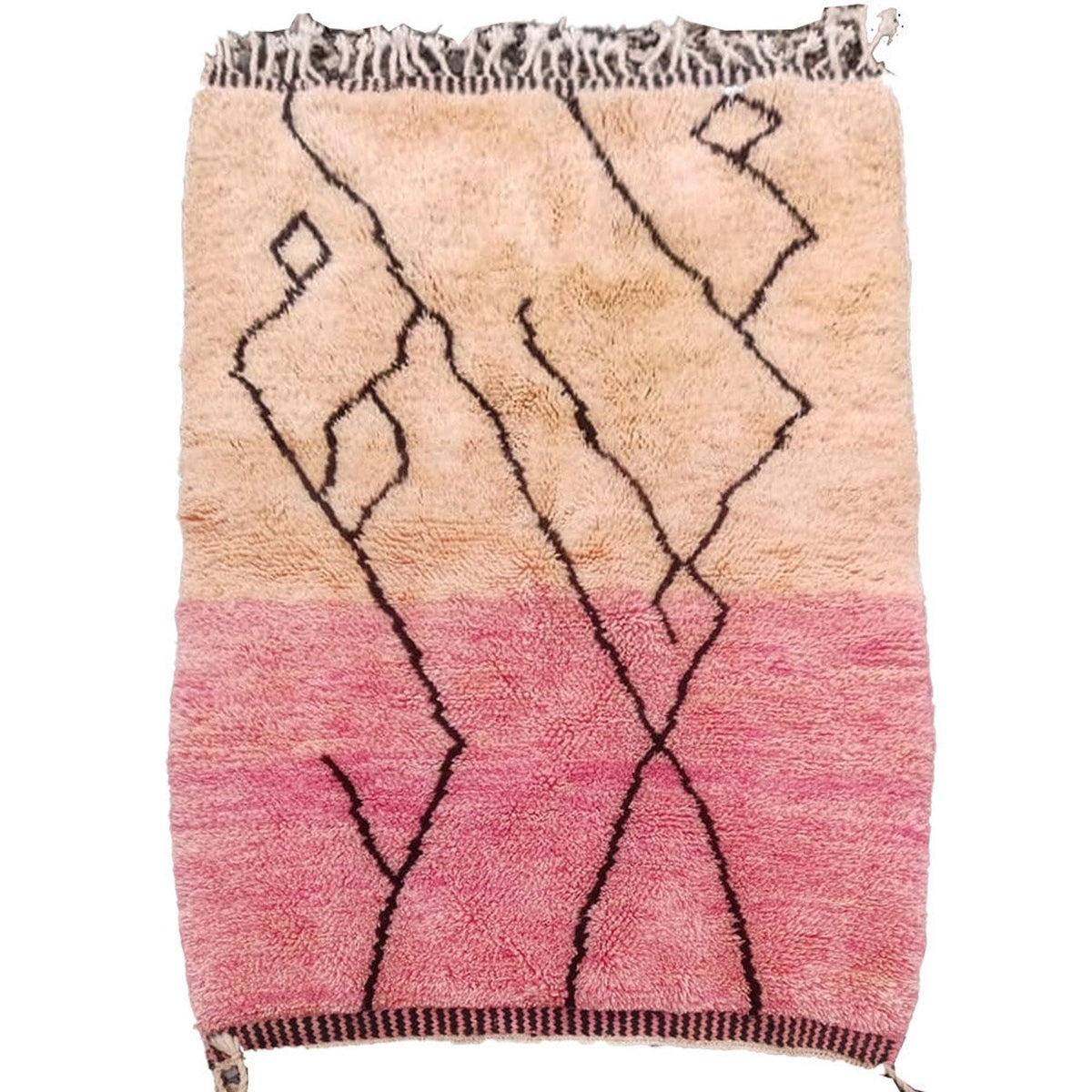 Front view of the pink Moroccan rug featuring a geometric pattern on a neutral background.
