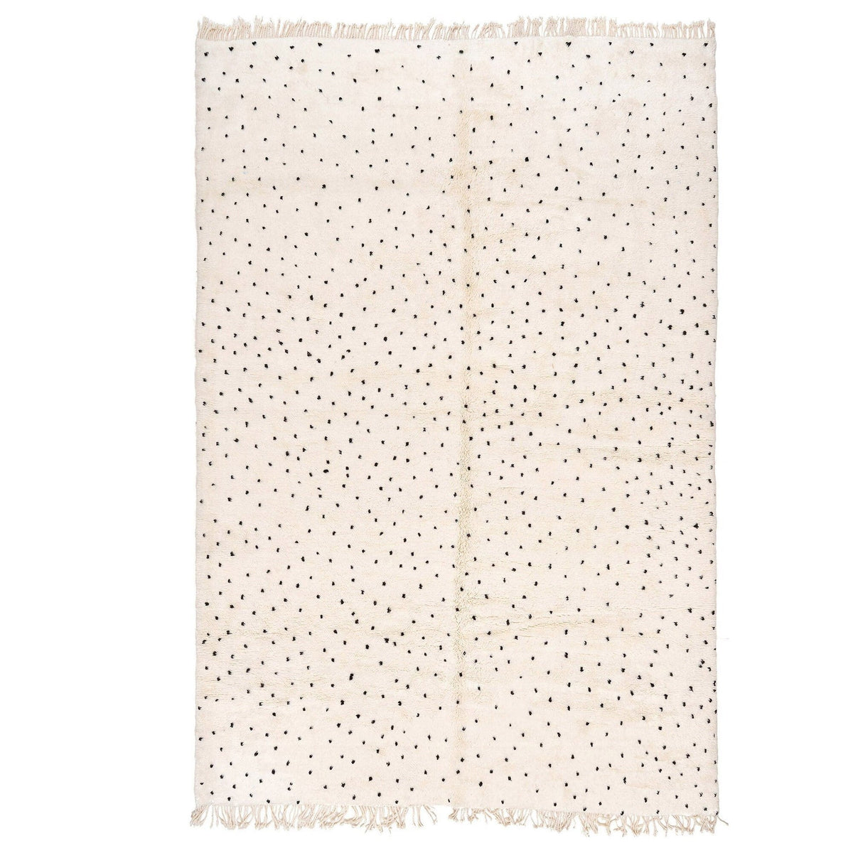 Front view of an off-white polka dot rug with a black pattern on a white background.