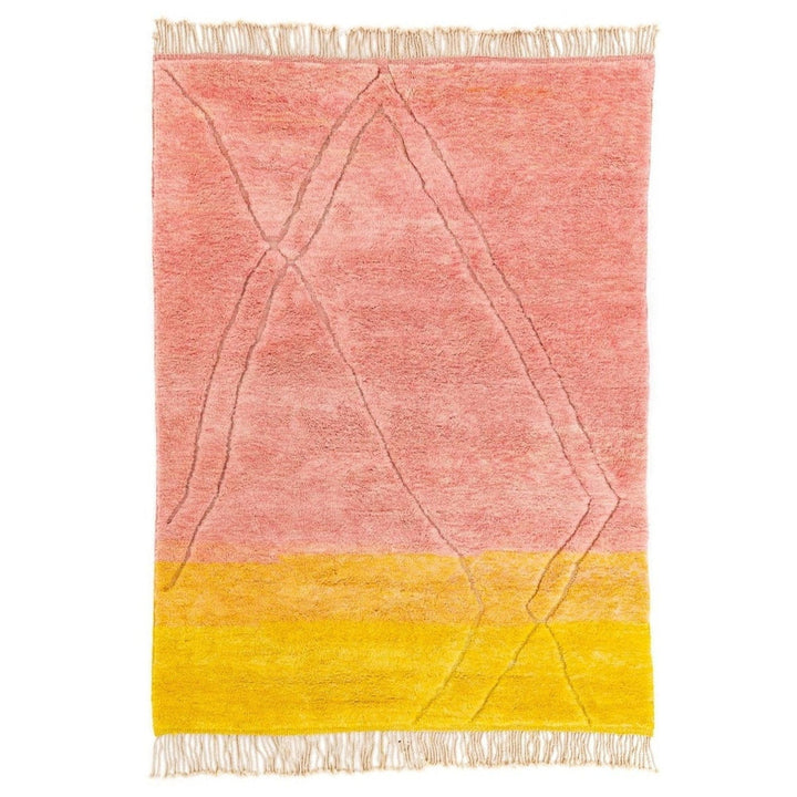 Front view of the rose and yellow color block Moroccan rug with geometric pattern.