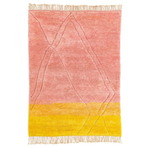 Front view of the rose and yellow color block Moroccan rug with geometric pattern.