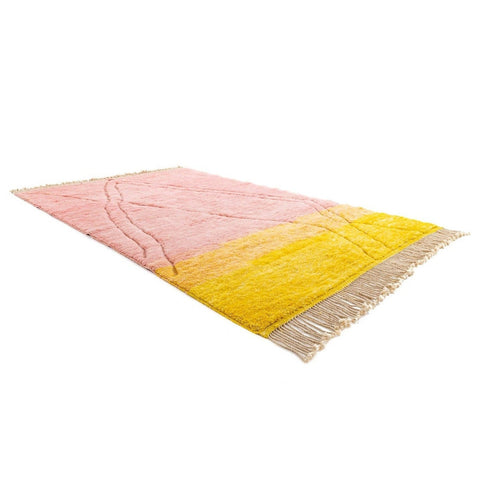 Front view of the rose and yellow carpet rug in 8x10 size with Moroccan design.