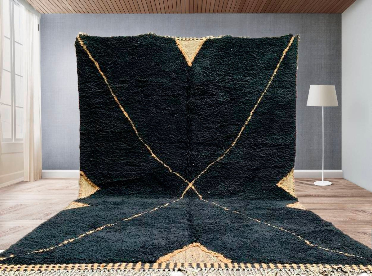 Lifestyle shot of a black geometric Moroccan rug featuring an abstract design with a soft texture.