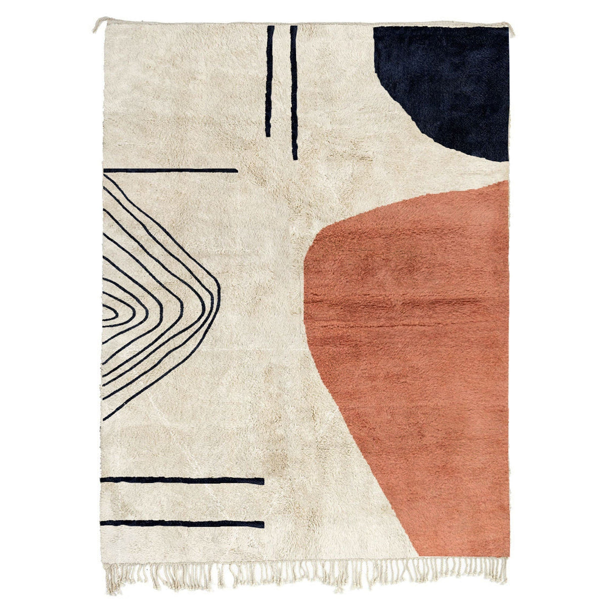 Front view of the coral and cream abstract Moroccan rug featuring geometric patterns.