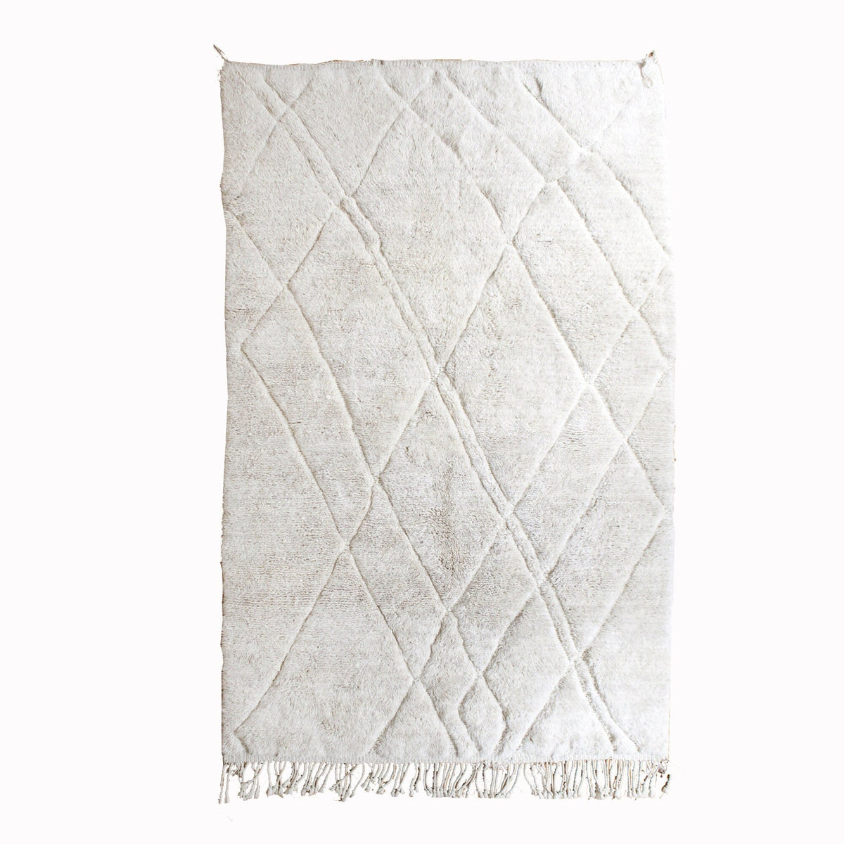 Front view of a textured abstract Beni Ourain Moroccan rug in black and off-white.