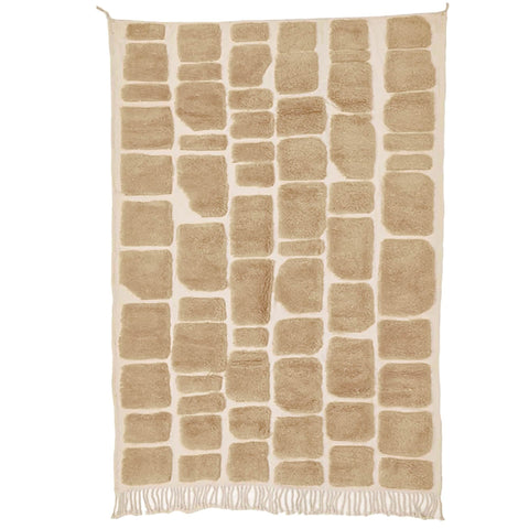 Front view of a textured Moroccan rug featuring a geometric pattern in beige and white.