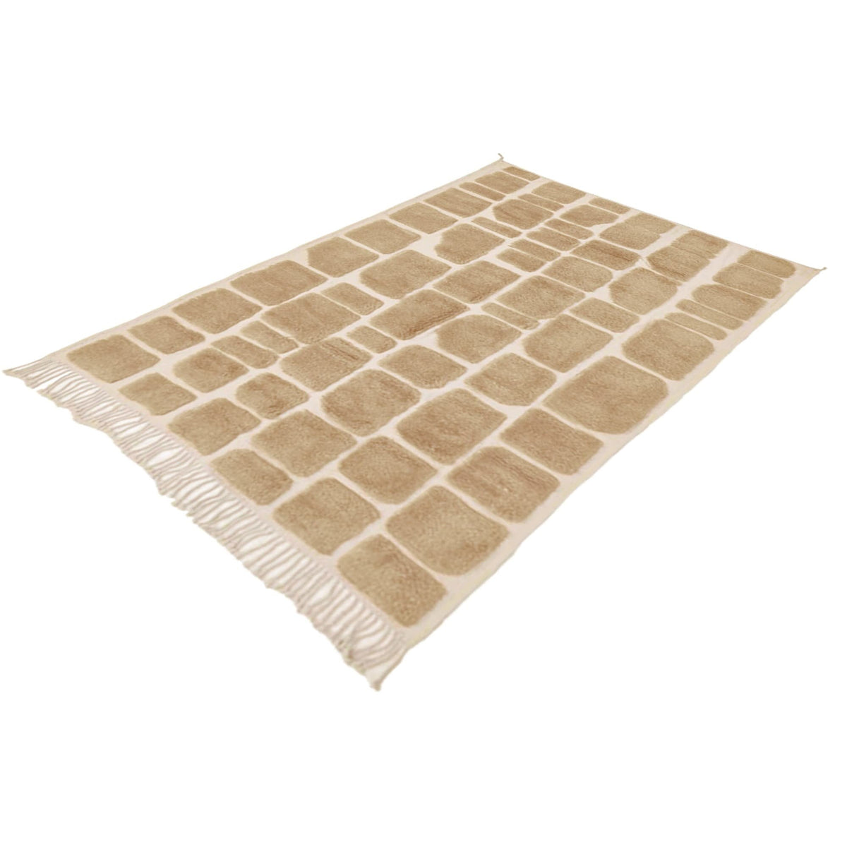 Front view of a textured Moroccan rug with a geometric pattern and fringed edges in beige and white.
