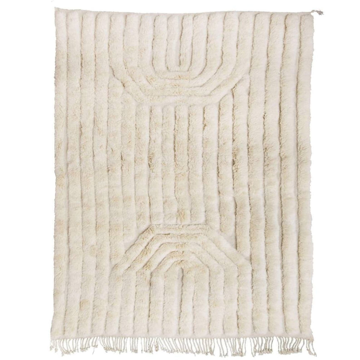 Front view of the off-white textured Moroccan rug featuring a striped pattern and fringed edges.