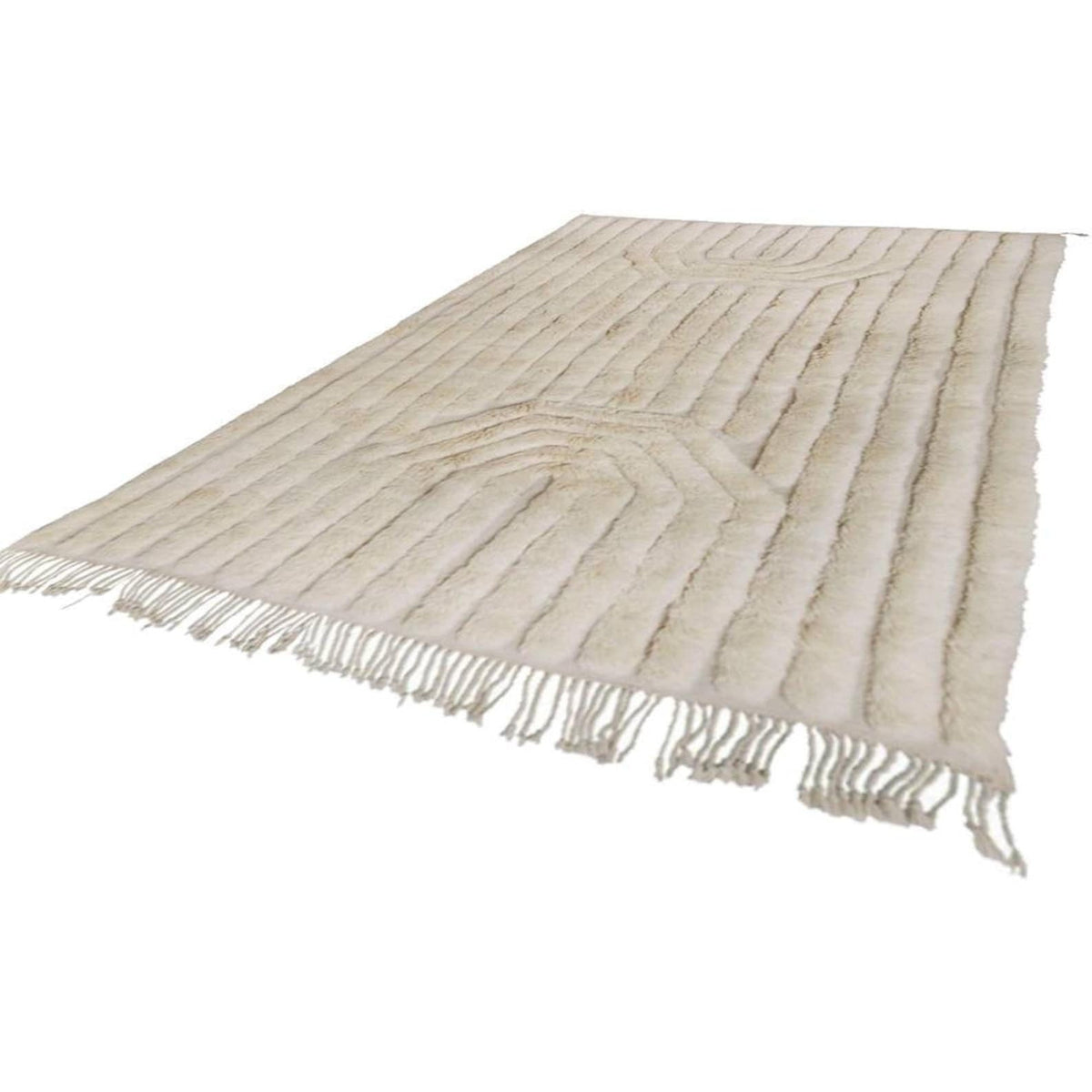 Side view of the off-white textured Moroccan rug highlighting its striped pattern and fringed edges.