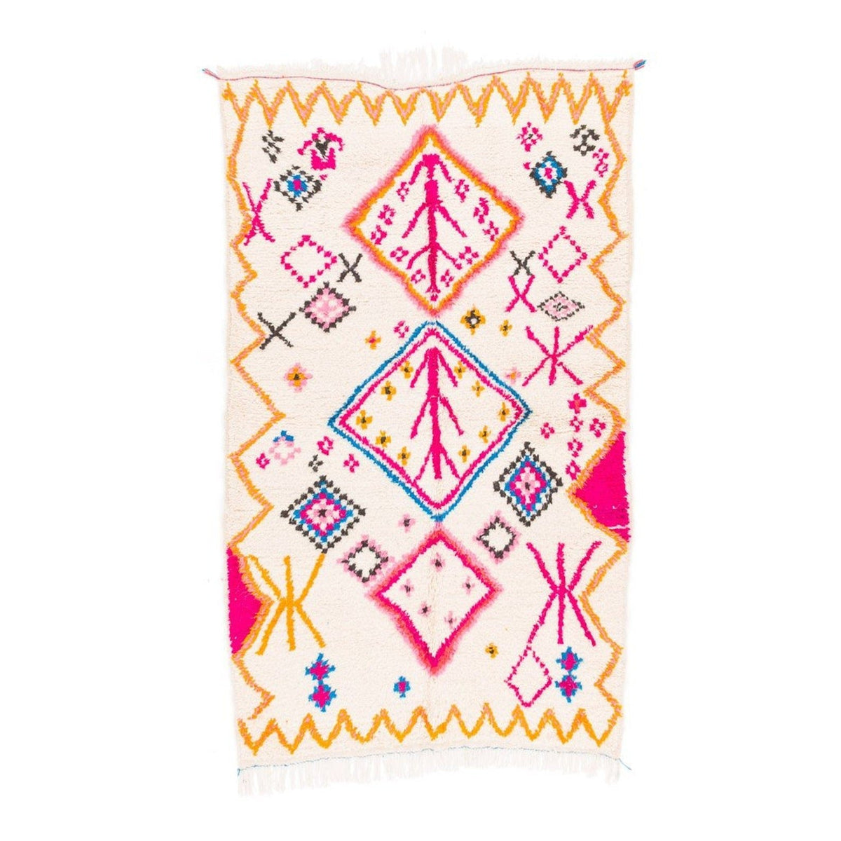Front view of a colorful pink and yellow tribal rug with geometric patterns.