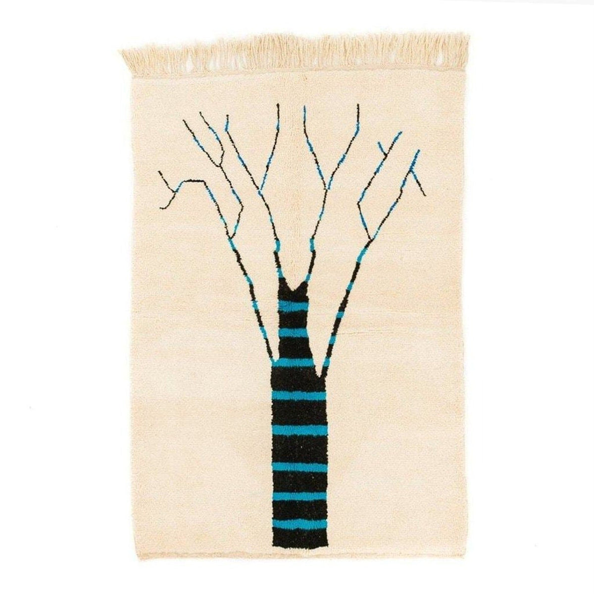 Front view of the cream tree design rug featuring abstract patterns in beige, black, and blue.