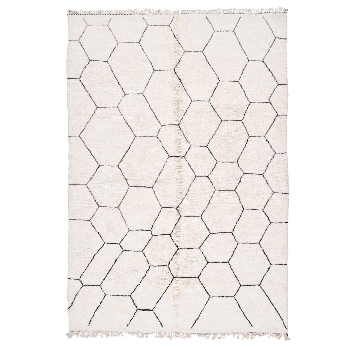 Front view of the black and off-white Beni Ourain Moroccan rug with a hexagonal pattern.