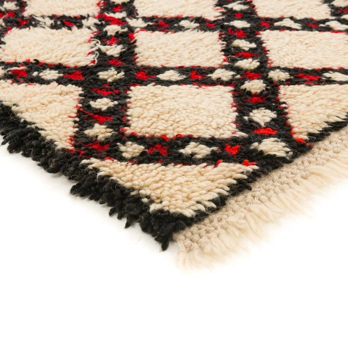 Front view of the brown checkered Beni Ourain Moroccan rug showcasing a geometric design.